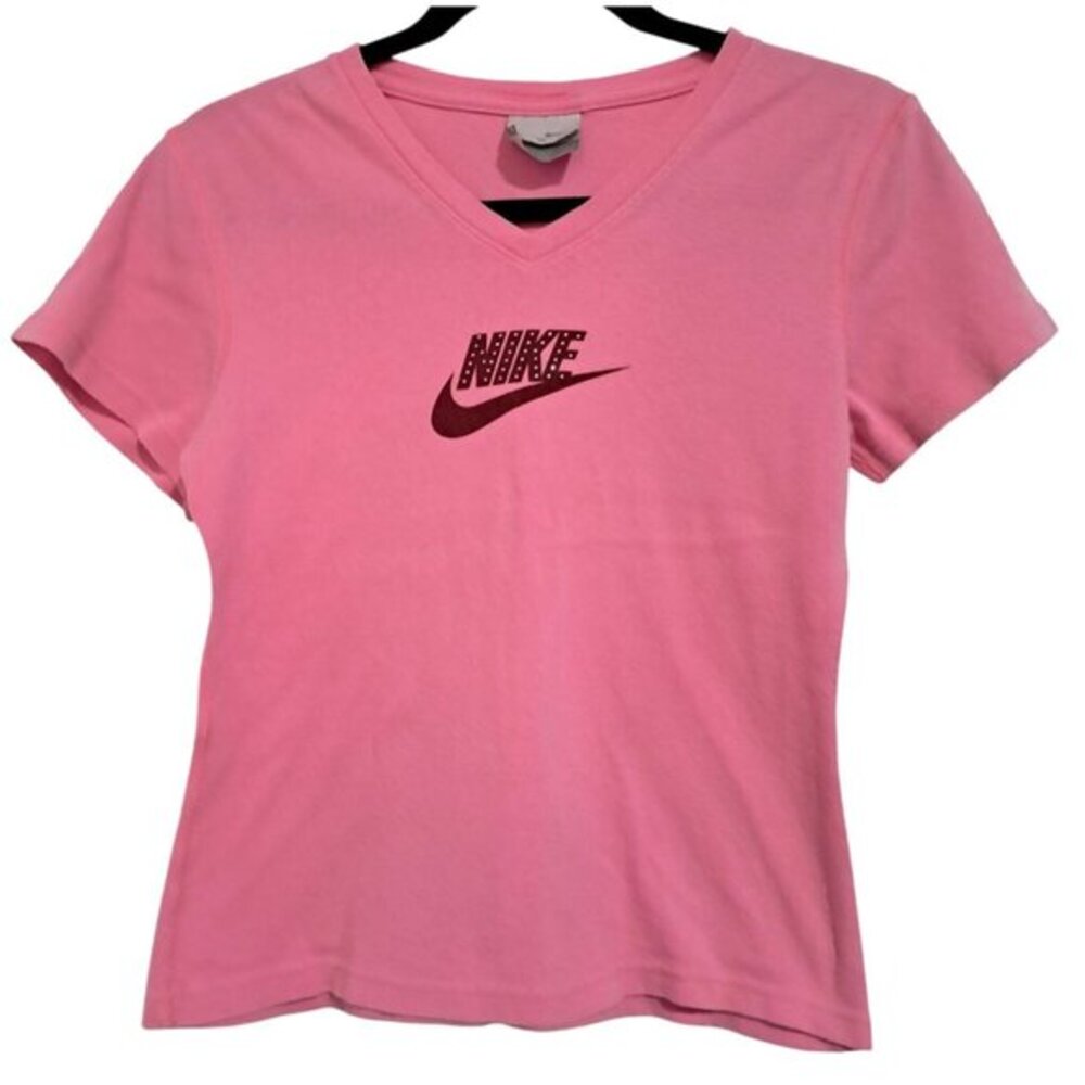Vintage Y2K Nike Rhinestone Baby Tee Pink‎ V-Neck Size M